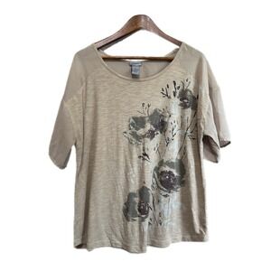 New Directions Weekend Floral Top Womens Large Tan Excellent Rhinestone Slub